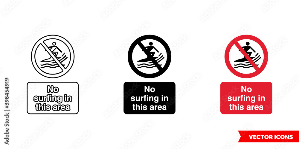 No surfing in this area prohibitory sign icon of 3 types color, black and white, outline. Isolated vector sign symbol.