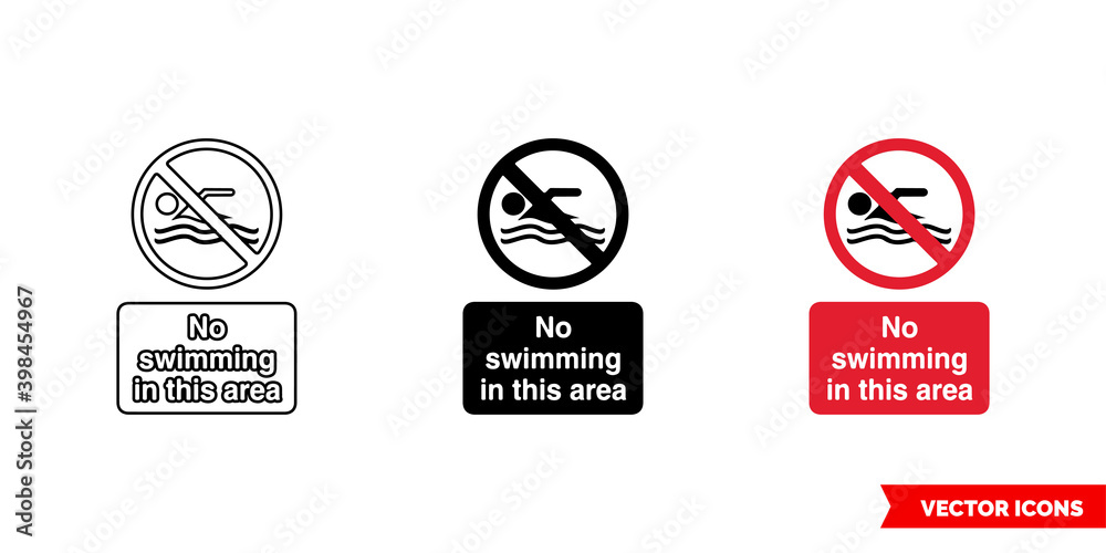 No swimming in this area prohibitory sign icon of 3 types color, black and white, outline. Isolated vector sign symbol.