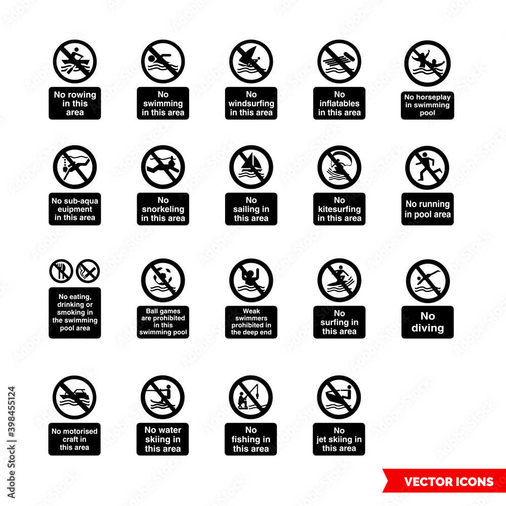 Water safety prohibitory signs icon set of black and white types. Isolated vector sign symbols. Icon pack. Water safety prohibitory signs icon set of black and white types. Isolated vector sign symbols. Icon pack.