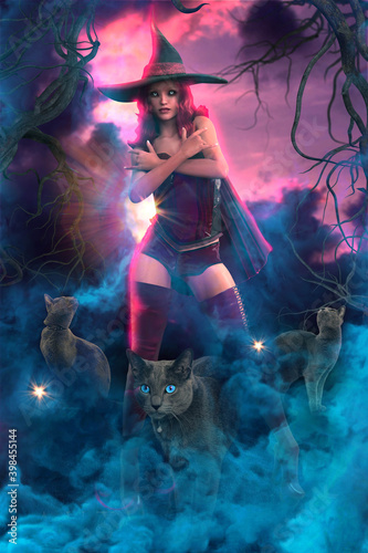A 3D fantasy illustration with a witch and her cats in a misty environment. This is a fictional character. 