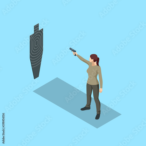 Isometric woman firing a hand gun at an indoor gun range. Shooter practising tactical shooting in a modern indoor gun range.