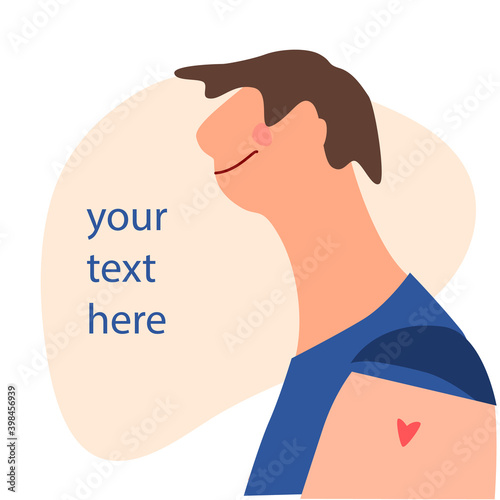 Vaccination time concept. Stop coronavirus concept. Happy man after vaccine injection in shoulder. Vector illustration with place for text. Campaign banner, poster, flyer, social media post template