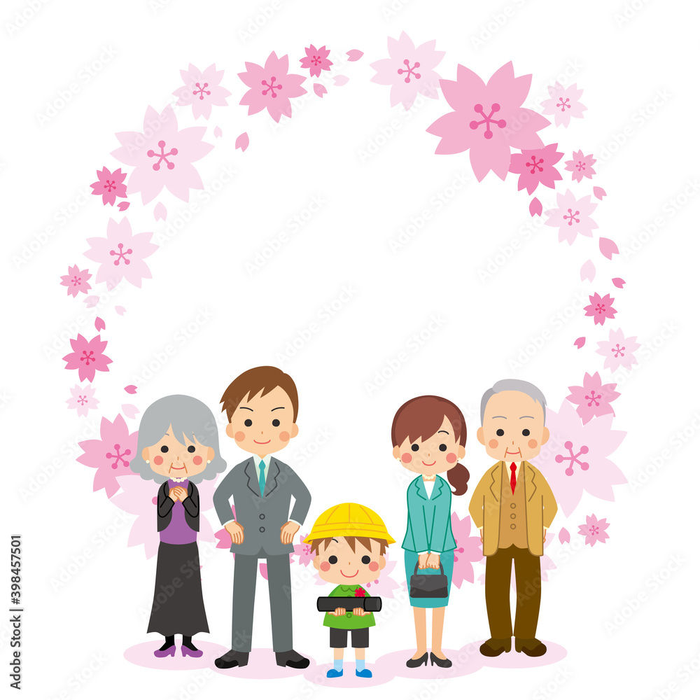 家族で卒園式に参列する可愛い男の子のイラスト 三世代 桜フレーム Stock Vector Adobe Stock