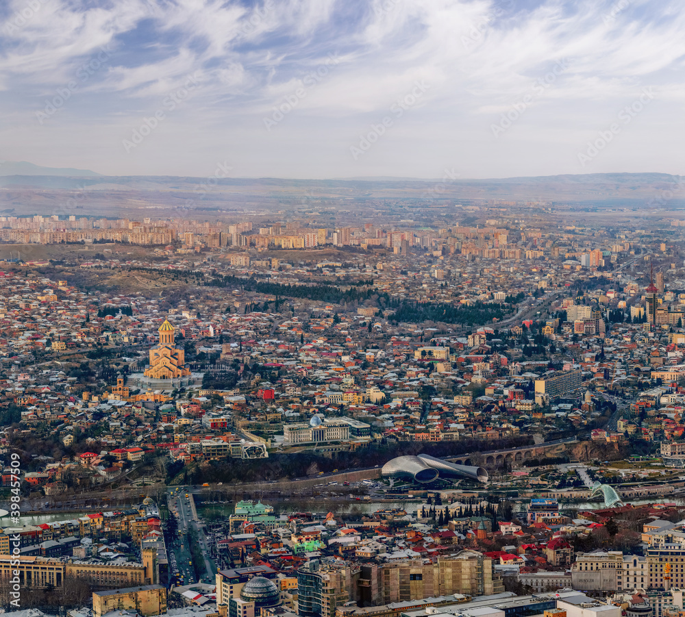 Tbilisi, Georgia. Aerial panorama cityscape. Landmarks and old town 