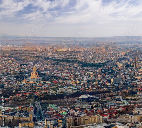 Fototapeta Naklejka Na Ścianę i Meble -  Tbilisi, Georgia. Aerial panorama cityscape. Landmarks and old town 