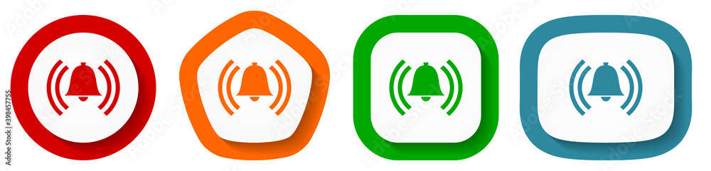 Alarm vector icon set, alert flat design buttons on white background Alarm vector icon set, alert flat design buttons on white background