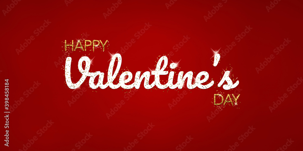 Happy Valentine’s day. Text with white and golden glitter letters on a red background. Congratulations for February 14. Happy Valentine’s day. Text with white and golden glitter letters on a red background. Congratulations for February 14.