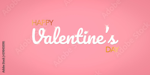 Happy Valentine’s day. Text with white and golden letters on a pink background. Congratulations for February 14.