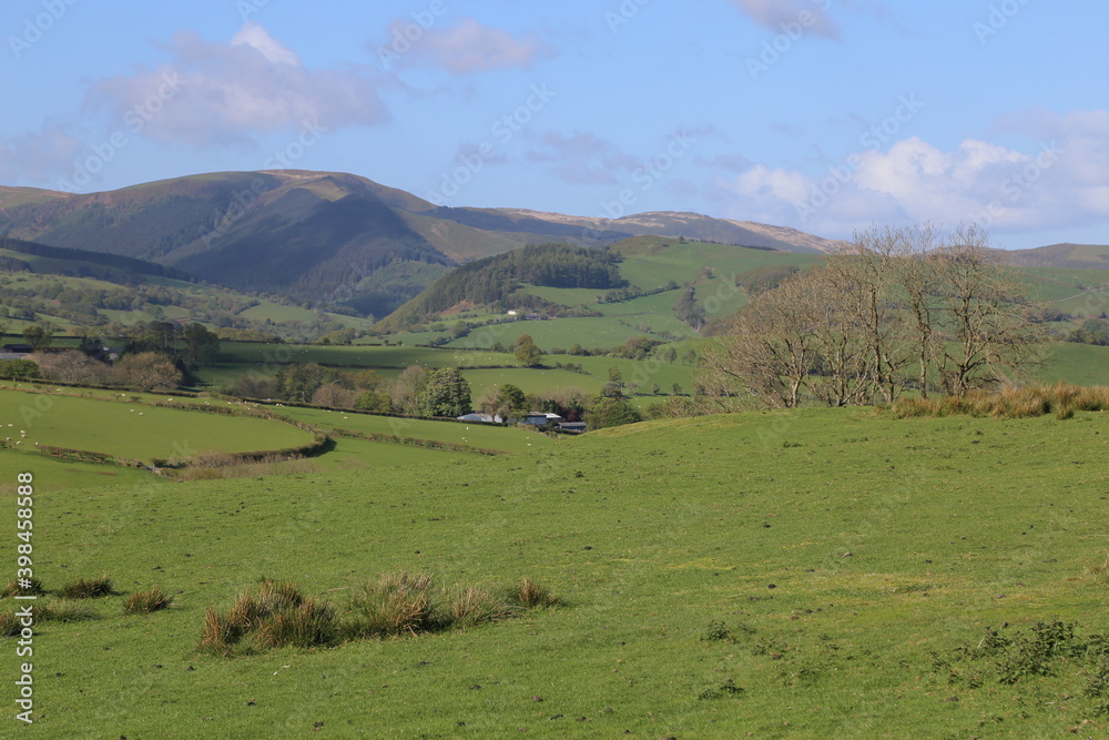 A rural scene near Dylife, Powys, Wales, looking towards the mountains of Snowdonia.
