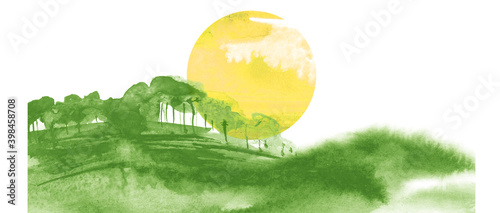 Watercolor autumn, summer forest, silhouette of trees, bushes.,sun, sunset, Field. Country view. logo, card. Drawing of green trees on a summer grass on a white isolated background.Country landscape.