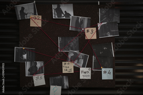 Fototapete Detective board with crime scene photos, stickers, clues and red thread on wall