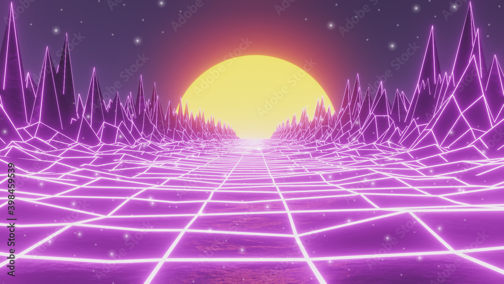 Futuristic retro wave 80s,wireframe landscape mountain background style ...