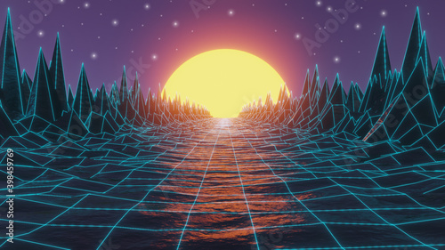 Futuristic retro wave 80s,wireframe landscape mountain background style,Glowing Sun,network grid connection,abstract 3d wireframe technology surrounding illustration,3d render,web baner and wallpaper