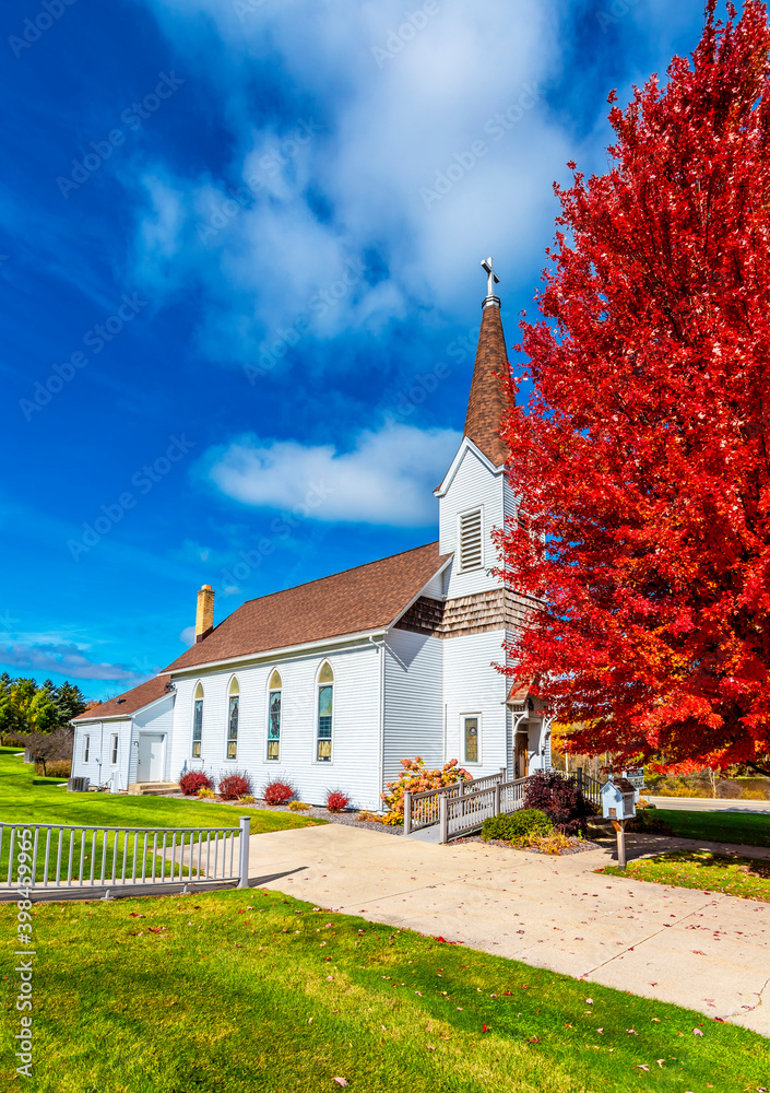 A church with beautiul autumn colours in Wisconsin of USA