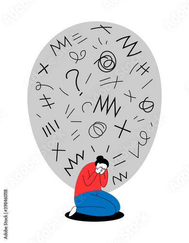 Vector illustration of sad and depression girl sitting on the floor.
