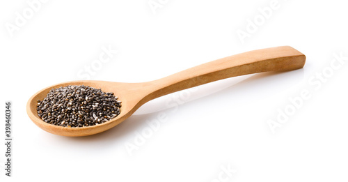 chia seeds in wood spoon isolated on white
