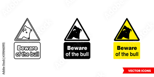 Beware of the bull hazard sign icon of 3 types color, black and white, outline. Isolated vector sign symbol.