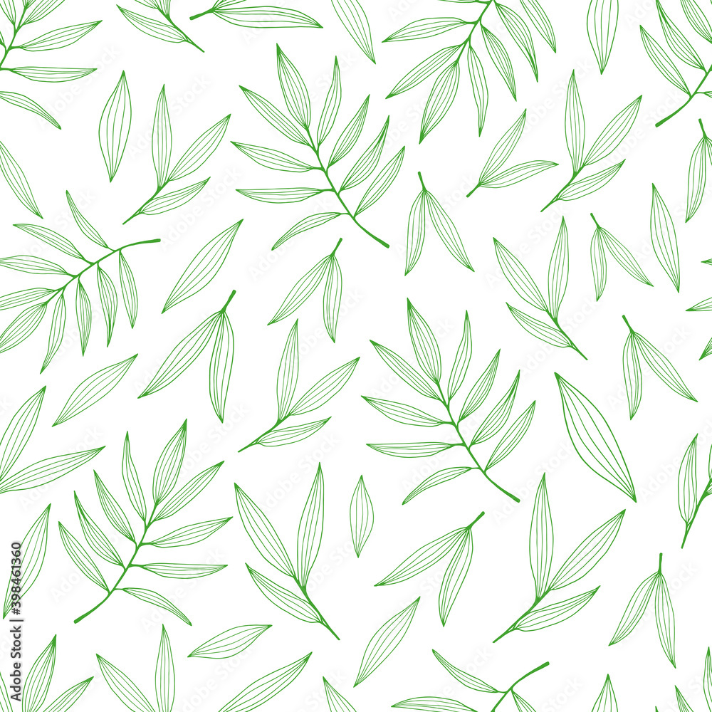 Seamless background with bamboo leaves and branches. Set of bamboo tree leaves. Hand drawn botanical collection. Drawing of parts of bamboo and sections of branches and leaves. Seamless background with bamboo leaves and branches. Set of bamboo tree leaves. Hand drawn botanical collection. Drawing of parts of bamboo and sections of branches and leaves.