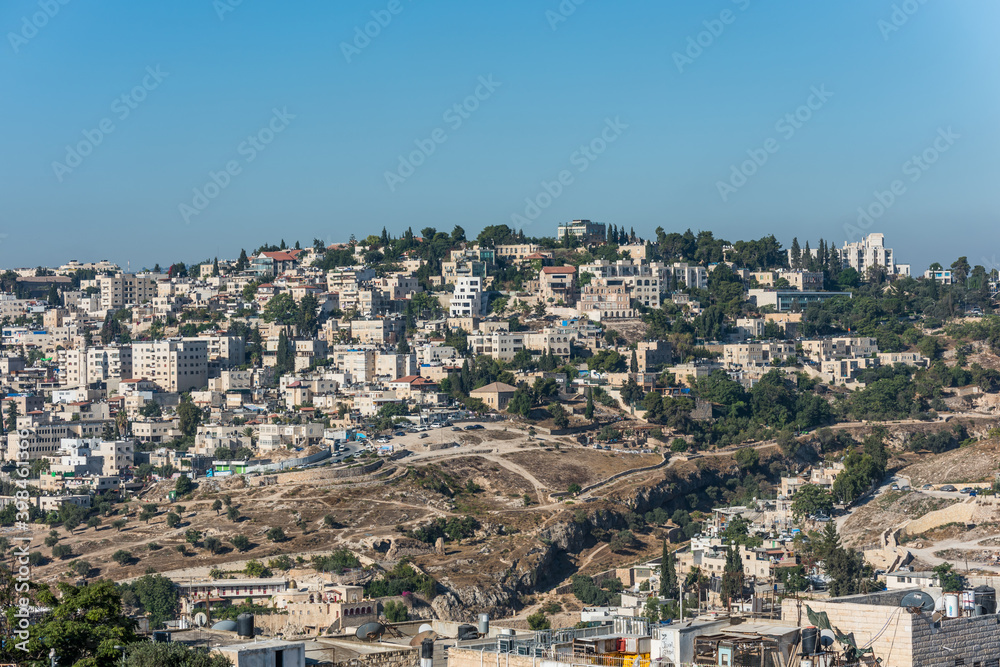 Residential houses at the Mount Zion and Kidron Valley  under the sunlight in the morning in Jerusalem, Israel