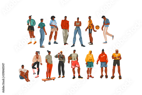 Hand drawn vector abstract stock flat contemporary illustrations collection set bundle with different young adult hipster african american men in fashion style outfit isolated on white background