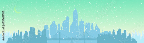 Panorama of the winter city. City with a bridge. Snowing. Vector illustration