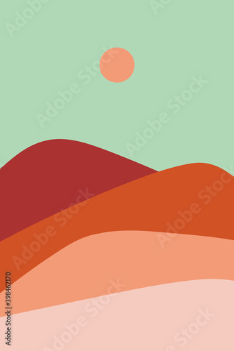 Desert landscape with sand dunes at sunrise and sunset. Simple scene. Vector illustration.