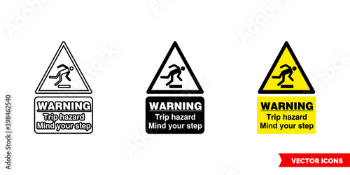 Warning trip hazard mind your step hazard sign icon of 3 types color, black and white, outline. Isolated vector sign symbol.