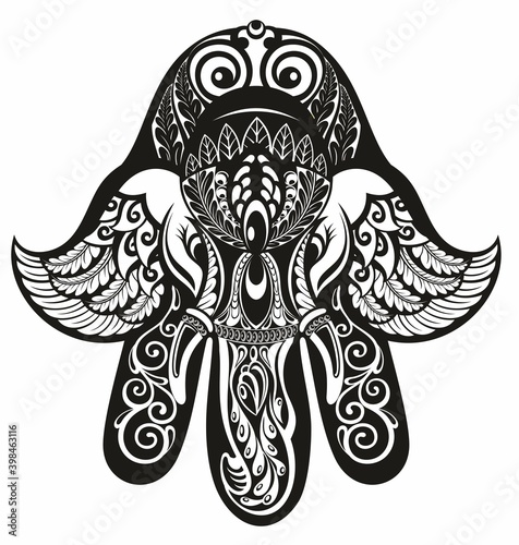 Hamsa hand and the elephant image. Hand of Fatima, vector illustration