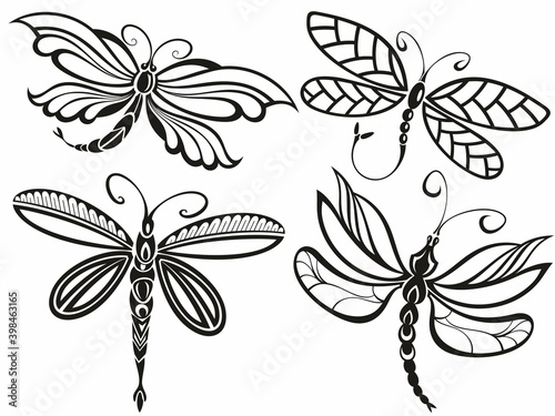 Vector group of dragonfly sketch on white background