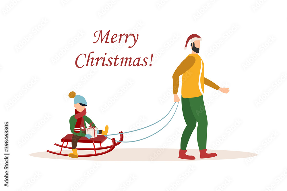 merry christmas dad with kid on sleds with present. Vector.