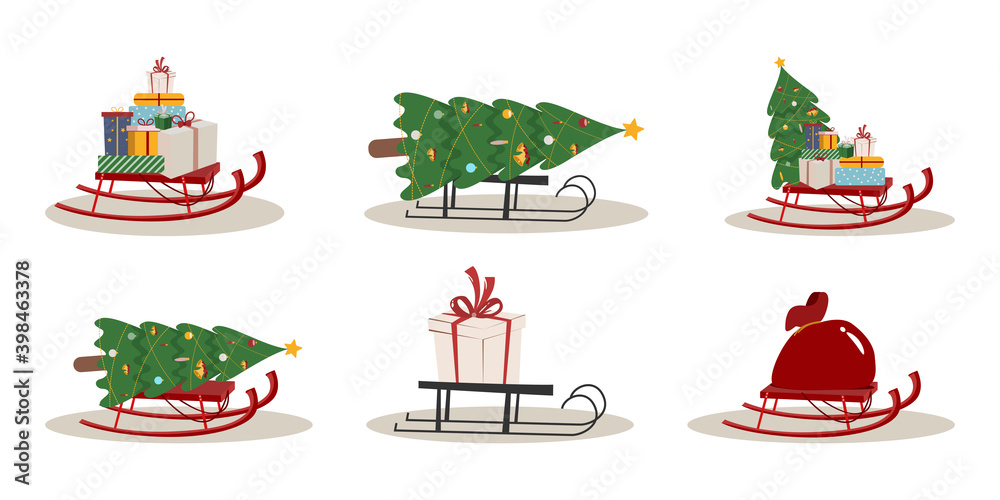 A set sled with a bunch of gifts and a Christmas tree on a white background. Vector A set sled with a bunch of gifts and a Christmas tree on a white background. Vector