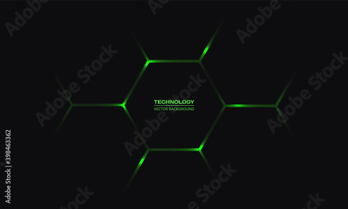 Black hexagonal technology vector background. Green bright energy flashes under honeycomb in dark modern technology futuristic abstract background.