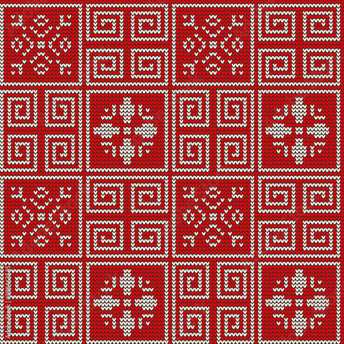 Knitted vector pattern in the Greek style with flowers, red and white. For design, decoration, fabrics