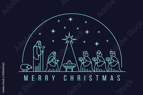 Merry christmas with white line Nativity of Jesus scene and Three wise men in the semicircle and star light vector design