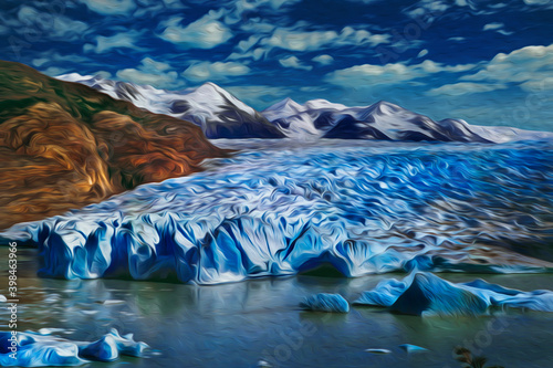 Glacier descending from the mountains towards a lake in Torres del Paine national park. A park that encompasses mountains, glaciers, lakes and rivers in southern Chilean Patagonia. Oil paint filter. 