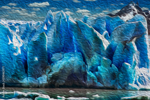 Glacier descending from the mountains towards a lake in Torres del Paine national park. A park that encompasses mountains, glaciers, lakes and rivers in southern Chilean Patagonia. Oil paint filter. 