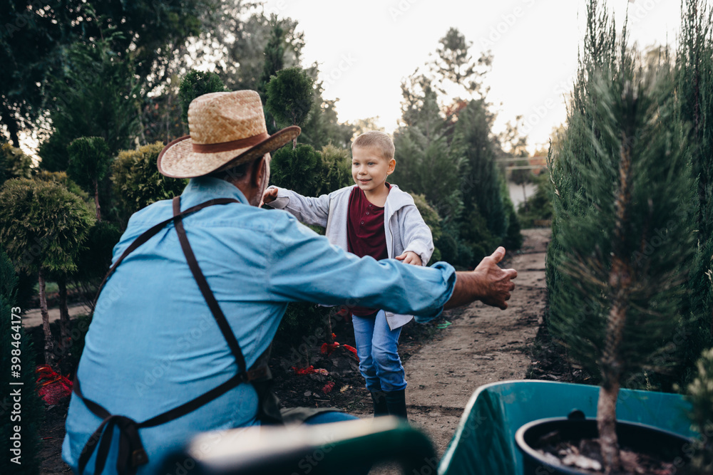 boy with his grandfather in family garden nursery