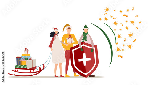 Immune system vector logo icon. Protection against bacteria. Healthy men and women stand behind a shield and a shield on Christmas and New Year's celebrations to ward off the attack of bacteria.