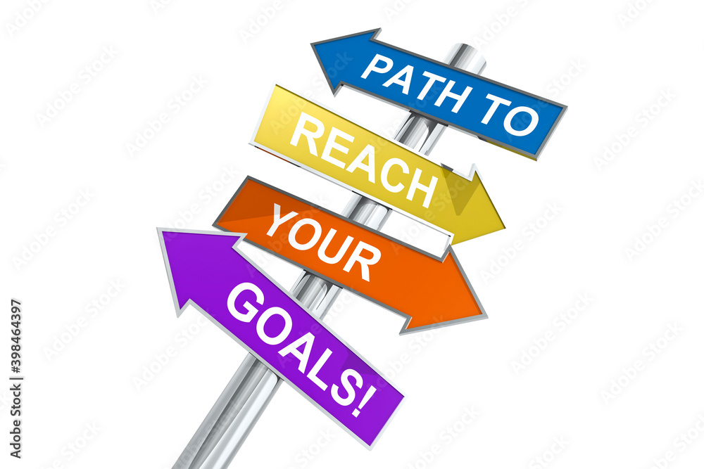 Direction street post with word path to reach your goals on colorful banner Direction street post with word path to reach your goals on colorful banner