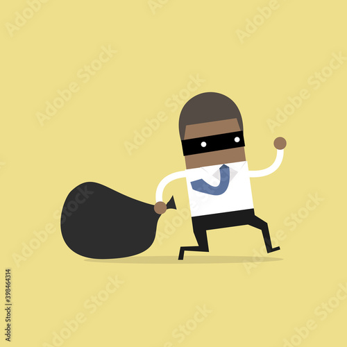 African businessman in burglar mask flees with stolen bag.