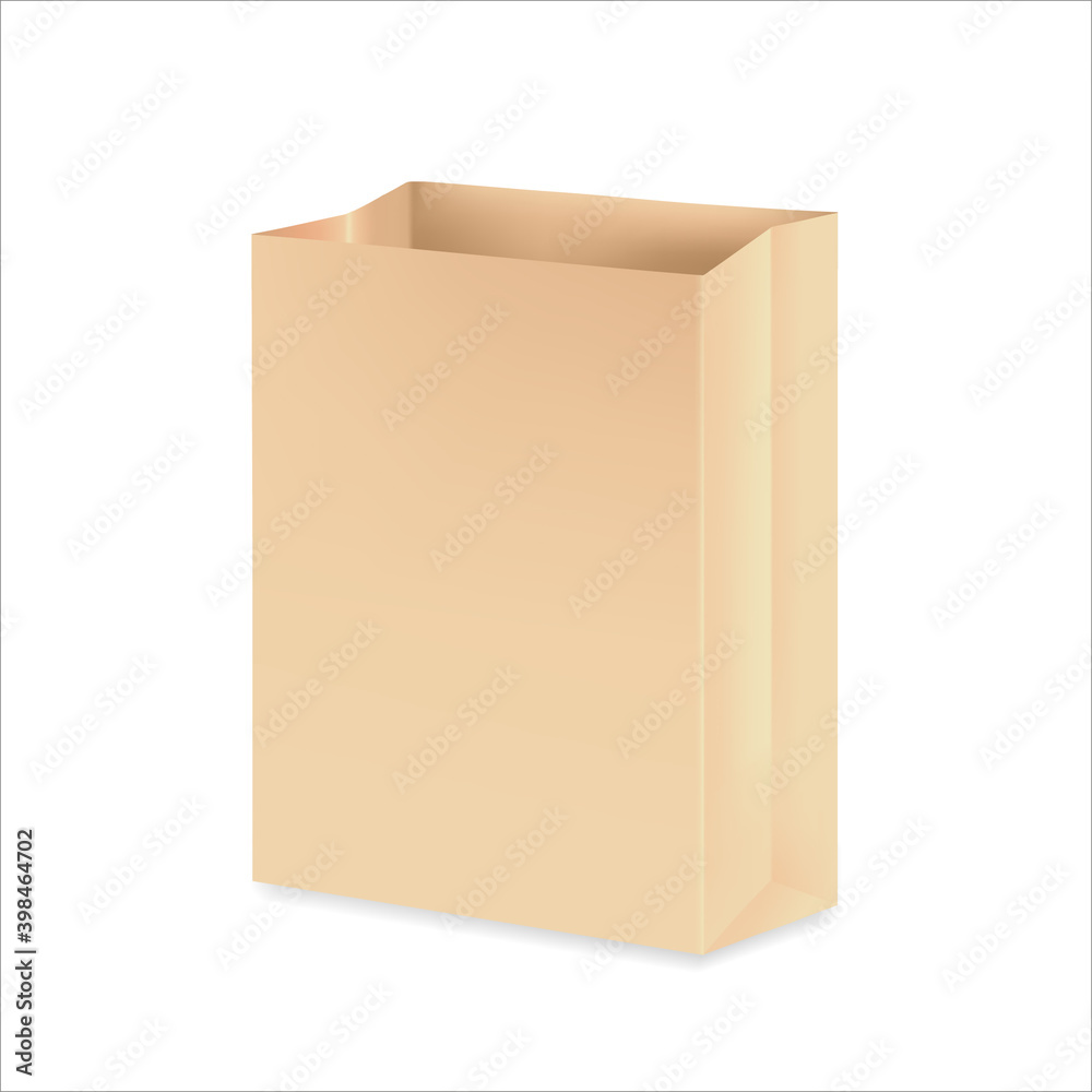 Craft paper bag. Packaging for takeaway food or gifts. Vector 3d realistic illustration. Empty brown template. Close up. EPS 10. Craft paper bag. Packaging for takeaway food or gifts. Vector 3d realistic illustration. Empty brown template. Close up. EPS 10.
