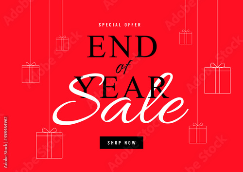 End of year sale poster or flyer design. Year end sale with gift box on red background.