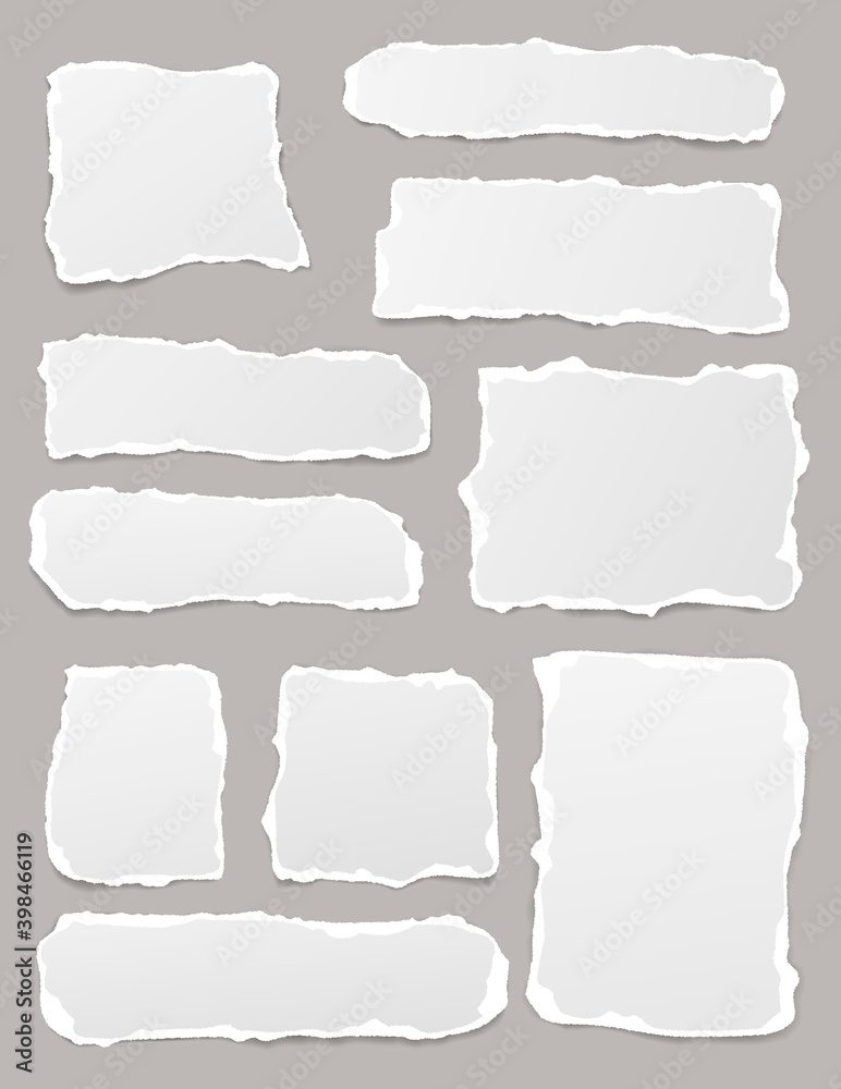 Set of torn white note, notebook paper pieces stuck on gray vertical background. Vector illustration Set of torn white note, notebook paper pieces stuck on gray vertical background. Vector illustration
