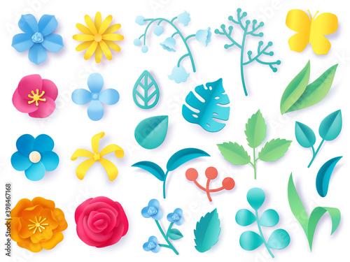 Paper cut plant leaves. Realistic 3d origami twigs, flowers, branches and grass. Spring and summer pastel blossom. Floral craft vector set