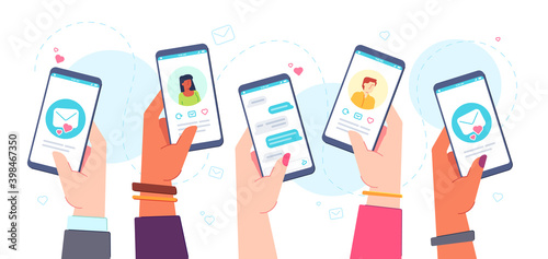 Mobile dating app. Hands holding phones with online dates application, chats, match profiles and mails. Virtual relationship vector concept