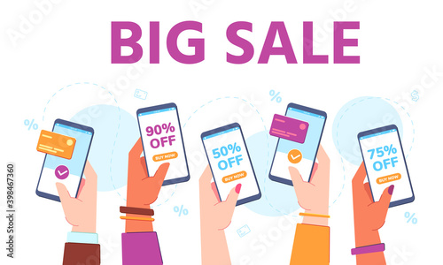 Hands hold phones with sales. Supermarket online discount shopping app. Hand buy in shop with mobile payment. Big sale banner vector concept