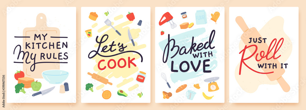Cooking poster. Kitchen prints with utensils, ingredient and inspirational quote. Baked with love. Food preparation lesson banner vector set