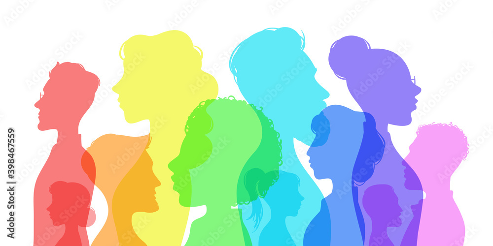 Silhouette social diversity. People of diverse culture. Men and women group profile. Racial equality in multicultural society vector concept