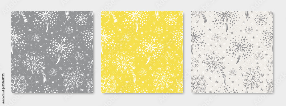 Vector Set of Firework Festive Party Backgrounds. Holiday Seamless Pattern. Hand Drawn Doodle Fireworks and Stars. Illuminating Yellow and Ultimate Gray Color of the Year 2021
