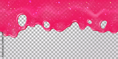 Pink slime drip. Dripping caramel, jelly or gum. Glitter slimes with girly glossy texture. Realistic paint or nail polish vector background photo